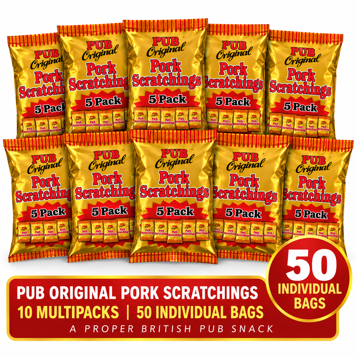 Pub Original Pork Scratchings Multipack – 50 Individual Bags (10 x Multipacks)