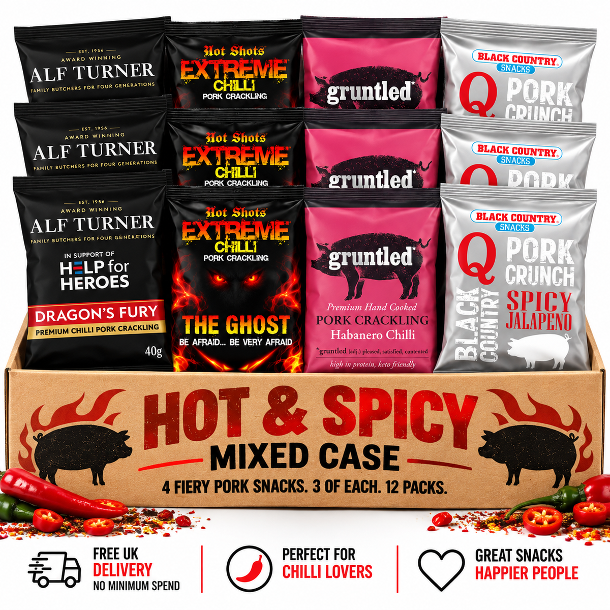 Hot & Spicy Pork Scratchings, Crackling & Crunch Mixed Case – 12 Packs