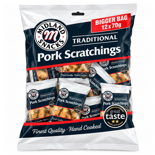 Midland Snacks Bigger Bag Traditional Pork Scratchings 12 x 70g